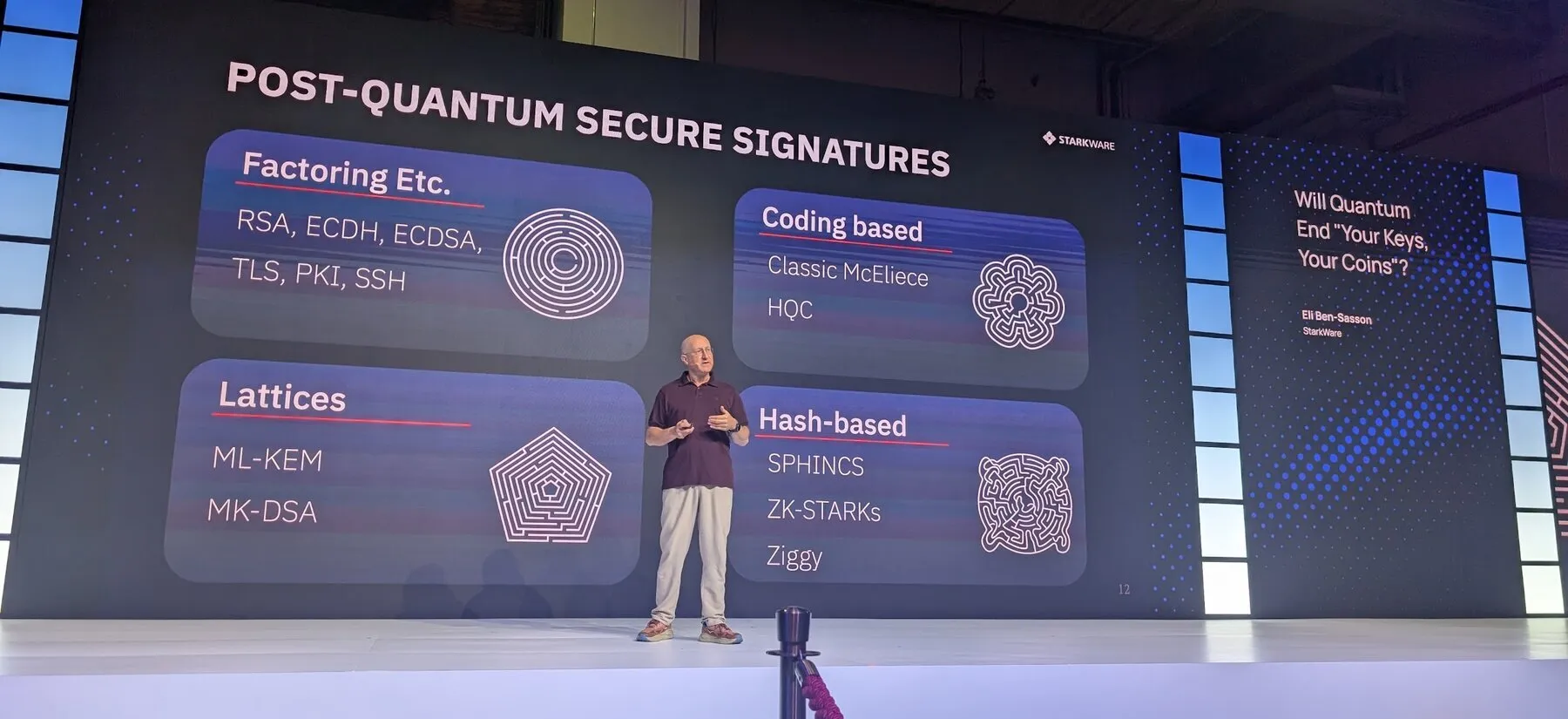 Eli Ben-Sasson on stage at TOKEN2049 Singapore in front of a slide titled Post-Quantum Secure Signatures, with four boxes for factoring-based, coding-based, lattice and hash-based schemes