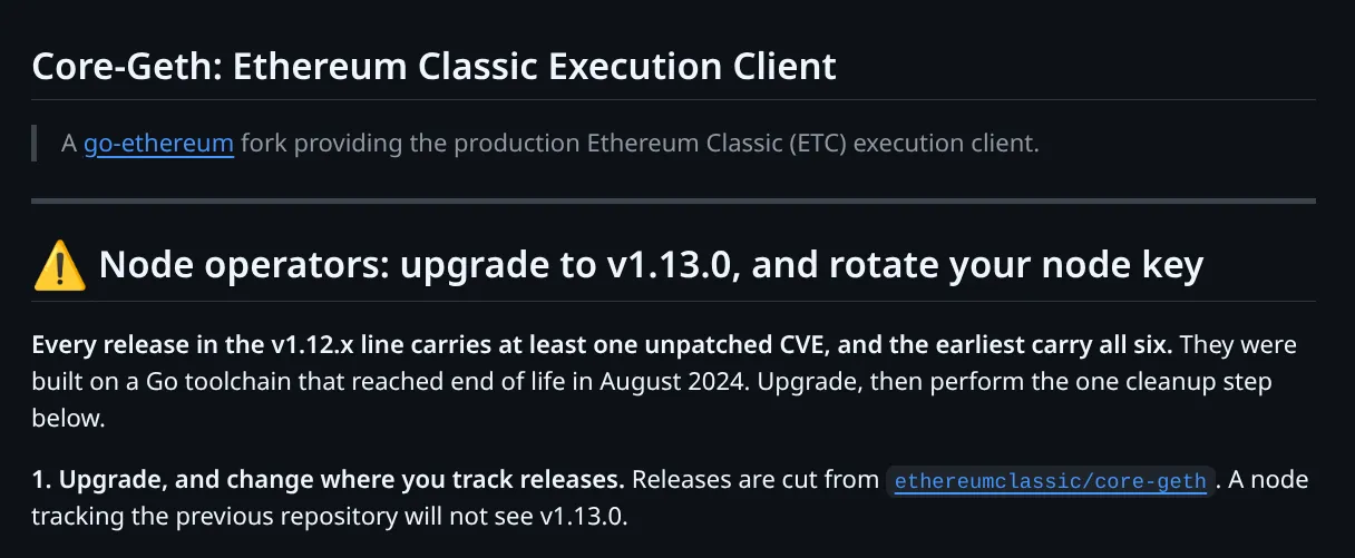 流氓分叉 README 的顶部。一条警告横幅写着：节点运营者：升级到 v1.13.0，并轮换你的节点密钥。下方加粗写着：v1.12.x 系列的每一个版本都至少带有一个未修补的 CVE，最早的版本带有全部六个。第一步告诉运营者更改跟踪版本的位置，因为跟踪原仓库的节点将看不到 v1.13.0。
